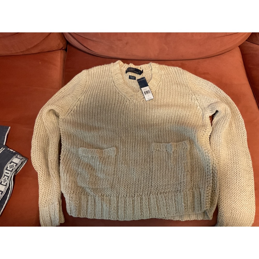 Polo Ralph Lauren Linen Silk Chunky Knit V-Neck Sweater Elbow Patches Tan M - Picture 2 of 5